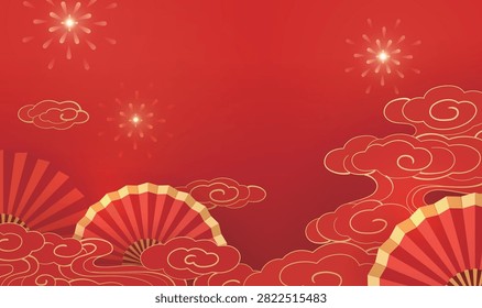 Red background with golden fans and clouds. Celestial motifs glow with festive radiance. Traditional paper art evokes cultural celebration. Vibrant colors symbolize joy and prosperity