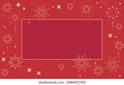 Red background with golden fireworks, frame and sparkles. Space for the text. New Year, party, festival concept.