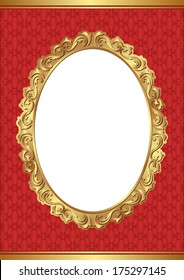 red background with golden frame and transparent space for inserting a picture