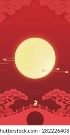 Red background with golden full moon. Silhouetted trees frame a stone bridge. Small white rabbit stands on the bridge. Cursive cloud motifs float above the scene