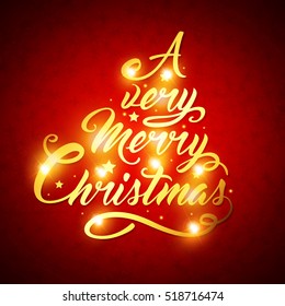 Red background with golden greeting inscription. Lettering in the form of a Christmas tree.