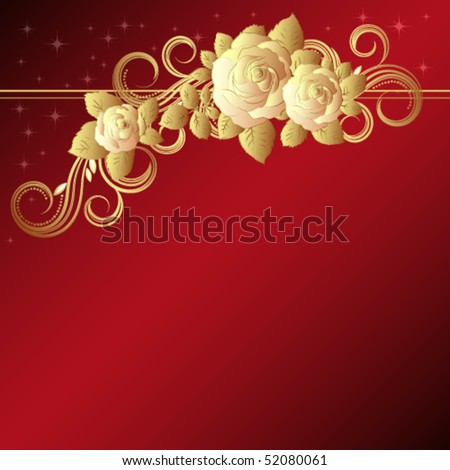 Red background with golden roses, vector illustration.