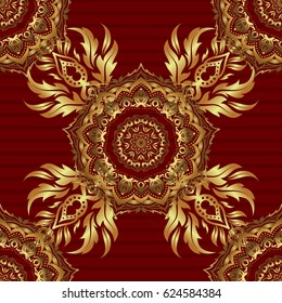 Red background. Golden seamless pattern. Vector luxury red background with golden elements. Glitter background.