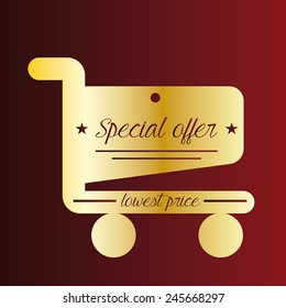 a red background with a golden silhouette of a shopping cart with text