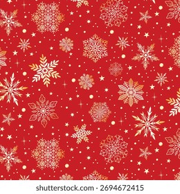 Fondo rojo con nieve dorada y copos de nieve. Patrón sin fisuras de Vector con copos de nieve dorados y nieve sobre un fondo rojo.