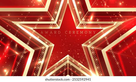 Red background with golden star frame decorated with sparkling light effect, elegant awards ceremony backdrop design concept. Vector illustration.