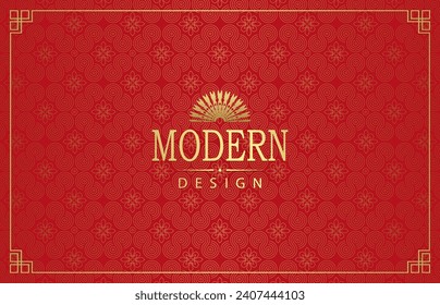 Red background, golden wavy ornament with silhouettes of flowers.