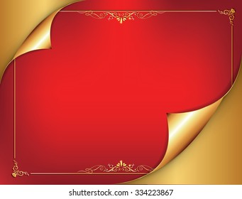 Red background with golden wrapping corner for any occasion. Print colors used. Custom size of a printing greeting card.Copy Space for your message.