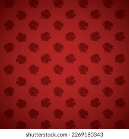 Red background in gradient effect, decorated with dark silhouette pattern of roses.