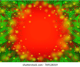 Red background with green floral pattern and lights. Merry christmas. Happy new year. Vector illustration.Frame of branches of christmas tree. To be use for invitation card.