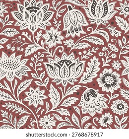 Red background with half white floral pattern. Jacobean floral block print repeat pattern. Indian Floral Block Print.