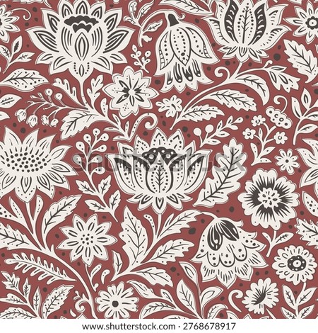Red background with half white floral pattern. Jacobean floral block print repeat pattern. Indian Floral Block Print.