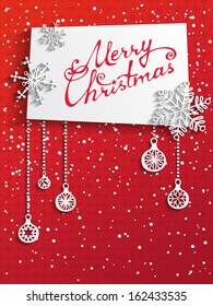 Red background with hand-drawn text and ornate Christmas balls. Vector illustration for your design. Christmas template. EPS 10.