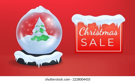 Antecedentes rojos Feliz Año Nuevo. Feliz bola de Navidad con nieve cubierta de pino verde, en escena de estudio, mofa realista 3d. Decoración de vacaciones en el globo de cristal. Ilustración vectorial. Cartel de venta.