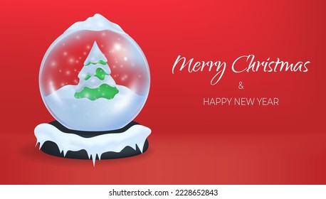 Red background Happy New Year. Merry Christmas ball with green pine tree covered snow, on studio scene, realistic 3d mockup. Holidays decorations glass globe. Vector illustration