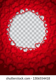 Red background of hearts in paper cut style. Transparent photo viewport. Circular design for greeting cards, wedding invitations, flyers, banners. Vector.