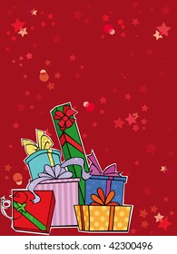 Red background with huge pile of Christmas gifts