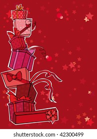 Red background with huge pile of Christmas gifts