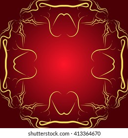 Red background illustration with golden frame for your text performed by connecting outline sexy girls closed to each other. Vector illustration. For presentations, graphics, design, wallpaper
