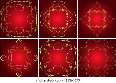 Red background illustration with golden frame for your text performed by connecting outline sexy girls closed to each other. Vector illustration. For presentations, graphics, design, wallpaper