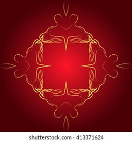 Red background illustration with golden frame for your text performed by connecting outline sexy girls closed to each other. Vector illustration. For presentations, graphics, design, wallpaper
