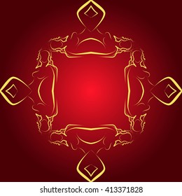 Red background illustration with golden frame for your text performed by connecting outline sexy girls closed to each other. Vector illustration. For presentations, graphics, design, wallpaper