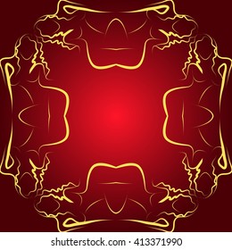 Red background illustration with golden frame for your text performed by connecting outline sexy girls closed to each other. Vector illustration. For presentations, graphics, design, wallpaper