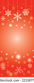 Red background illustration of star and snowy crystal of Christmas.