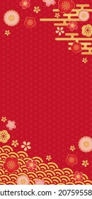 Red background with Japanese floral pattern and asa no ha pattern design