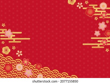 Red background with Japanese floral pattern and asa no ha pattern design