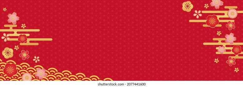 Red background with Japanese floral pattern and asa no ha pattern design