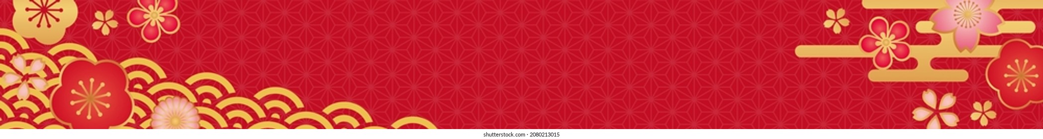 roter Hintergrund mit japanischem Blumenmuster und asno-ha-Muster
