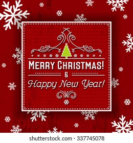 Red background and  label with christmas tree and greetings 
text, vector illustration