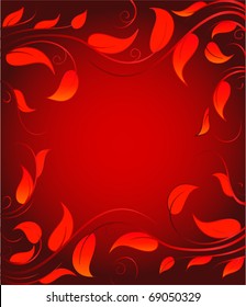 Red background with leaves. Vector frame