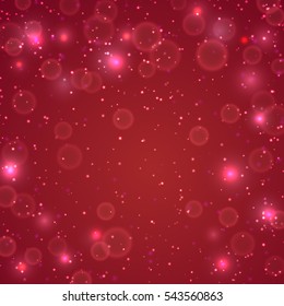 Red background with lights and bokeh. Vector illustration. Holiday poster template design, decor.