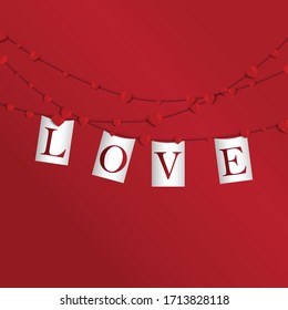 Red background with love flag. Love pannants. Valentine day.