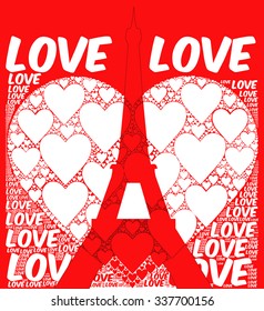 red background with love hearts pattern create heart illustration together with eiffel vector print pattern. for fashion and graphic design. t shirt print, screen printing and special day gift offer.