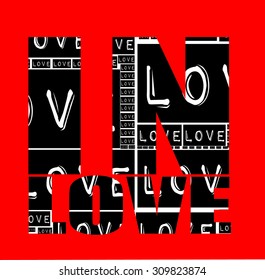 Red background and in Love words with black color type font Love words together vector print pattern. For fashion, graphic design, valentines day gift,tag,card,poster,t shirt print,post it design