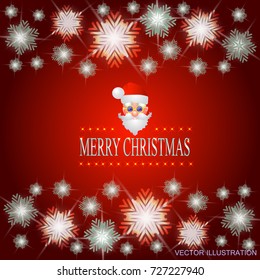 Red background with a luminous frame of snowflakes and face Santa Claus. Vector illustration.