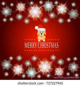 Red background with a luminous frame of snowflakes and dog in a Santa Claus hat. Vector illustration.