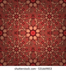 Red background with mandala ornaments. Vector image.