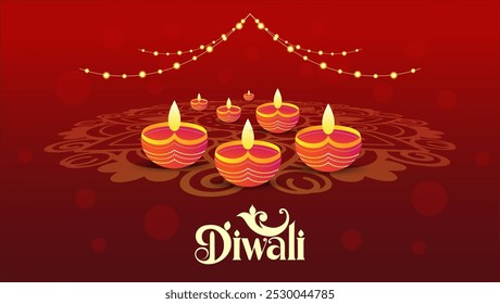  red background with a mandala pattern and string lights at the top Several diyas are arranged in a circular pattern at the center with Diwali in a festive font at the bottom conveying joy