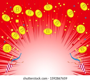 Red background material with bit coins and lots of colorful confetti,
Rectangle size
