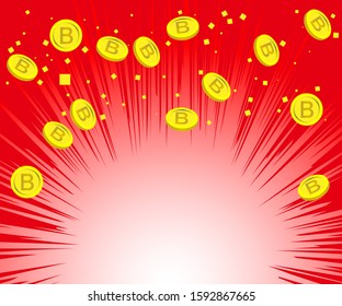 Red background material with bit coins and yellow confetti.