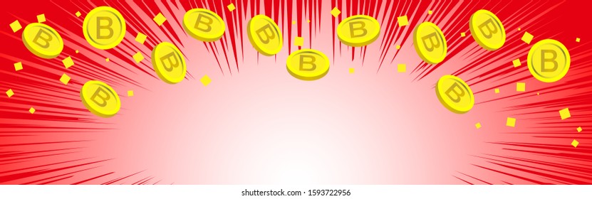 Red background material with bit coins and yellow confetti.
mobile banner size
