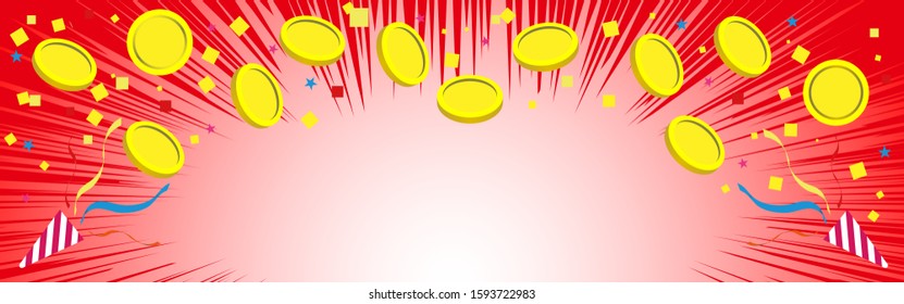Red background material with coins and lots of colorful confetti,
mobile banner size