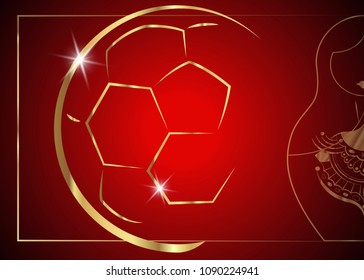  Red  background with matryoshka icon and golden abstract Football cup trophy. Red Background gold decorated, vector wallpaper in style retro, vignetting effect