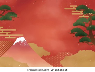 Red Background with Mountains and Pines