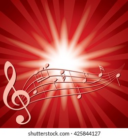 red background with music notes and flash - vector