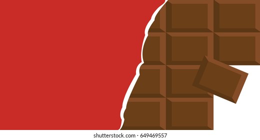 red background of new opened chocolate bar flat design without wrapping or partly wrapped in a foil . vector dessert isolated & space for text cartoon.